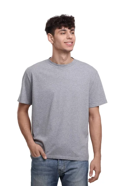 Junger Mann Trägt Graues Shirt Auf Weißem Hintergrund — Stockfoto