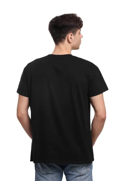 白い背景に黒いTシャツを着た若い男 バックビュー — ストック写真