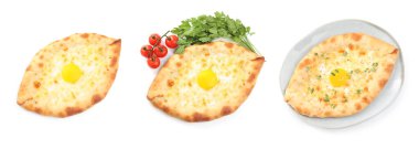 Beyaz arka planda lezzetli Adjarian khachapuris kolajı, üst görünüm