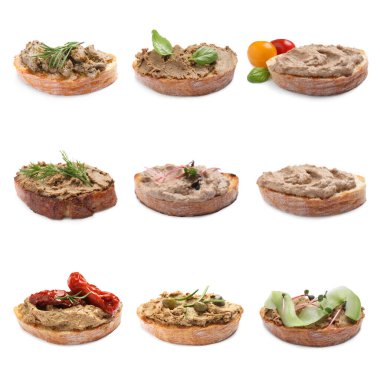 Beyaz arka planda lezzetli ezmeli ekmek dilimleri, kolaj tasarımı