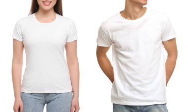 People wearing casual t-shirts on white background, closeup. Mockup for design clipart