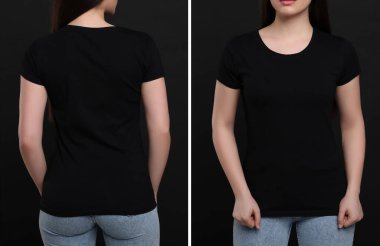 Siyah tişörtlü bir kadın koyu arkaplan, arka ve ön manzaralı. Tasarım için model