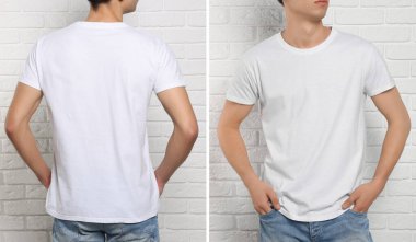 Tuğla duvarın yanında beyaz tişört giyen bir adam var. Tasarım için model