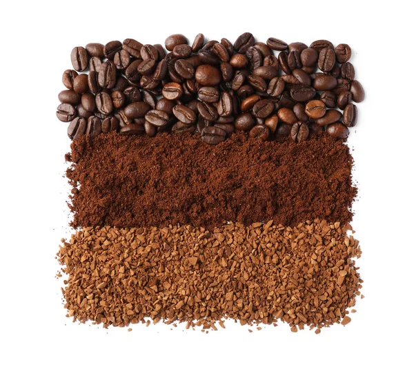 Bonen Instant Gemalen Koffie Witte Achtergrond Bovenaanzicht — Stockfoto