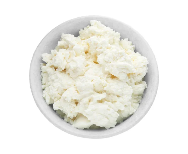 Delicioso Queijo Creme Tofu Tigela Isolada Branco Vista Superior — Fotografia de Stock