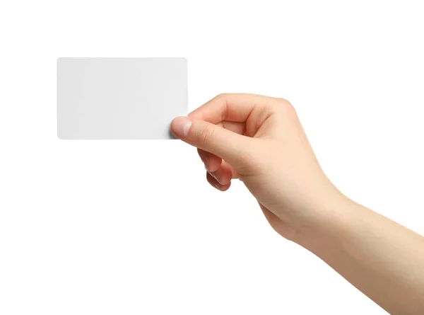 Mulher Segurando Cartão Presente Branco Fundo Branco Close — Fotografia de Stock