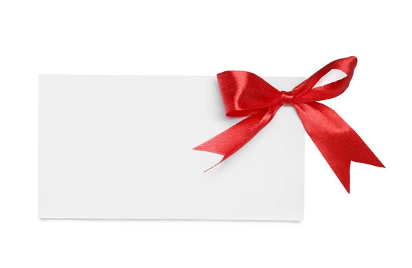 Blank Gift Card Red Bow Isolated White Top View — Stock Photo, Image