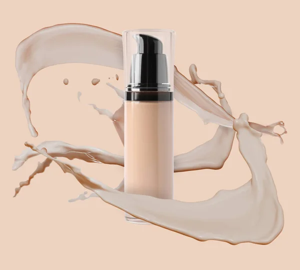 Liquid foundation in bottle and splashes of makeup product on dark beige background
