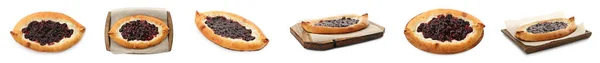 Collage Aus Leckerem Süßen Quarkgebäck Mit Marmelade Auf Weißem Hintergrund — Stockfoto