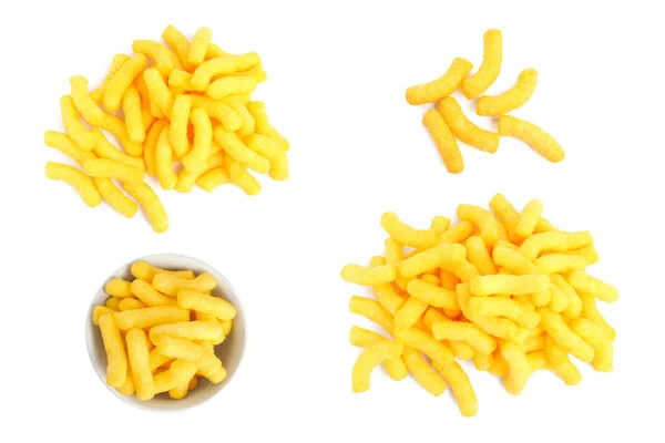 Collage Tasty Corn Sticks White Background Top View — Stock Photo, Image