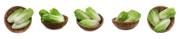 Collage Fresh Chinese Cabbages Wicker Baskets White Background — Stock Photo, Image