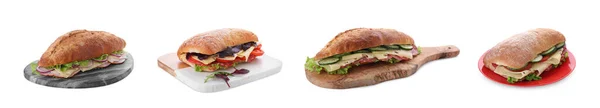 Set Con Diferentes Sándwiches Deliciosos Sobre Fondo Blanco — Foto de Stock