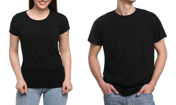 Pessoas Usar Shirts Pretas Fundo Branco Close Mockup Para Design — Fotografia de Stock