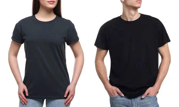 Mensen Met Zwarte Shirts Witte Achtergrond Close Mockup Voor Ontwerp — Stockfoto