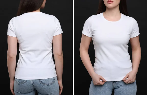 Vrouw Met Wit Shirt Zwarte Achtergrond Achter Vooraanzicht Mockup Voor — Stockfoto