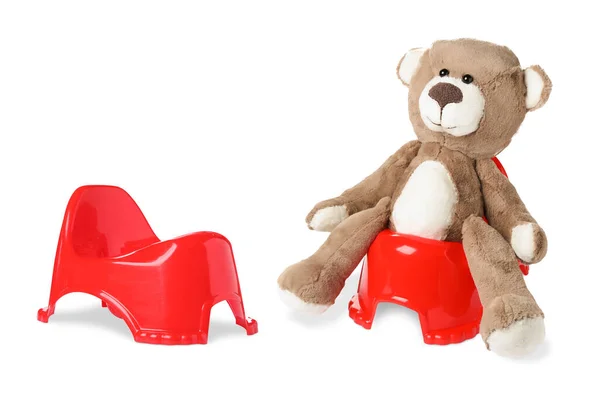 Koláž Červeným Dětským Nočníkem Medvídkem Izolovaným Bílém — Stock fotografie