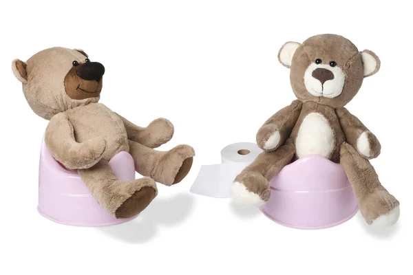 Babypottor Med Leksaksbjörnar Och Toalettpapper Isolerade Vitt — Stockfoto