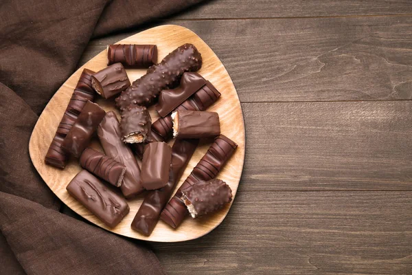 Smaklig Chokladkaka Träbord Platt Ligg Plats För Text — Stockfoto