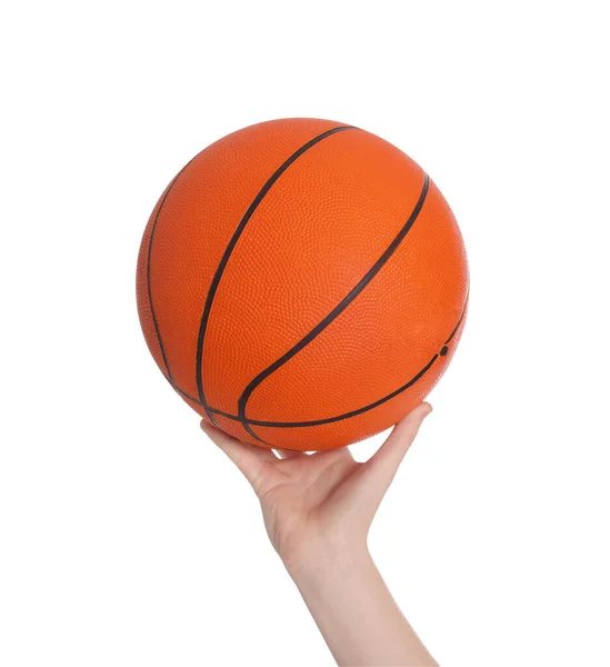白い背景にバスケットボールボールを持つ男の子 クローズアップ — ストック写真