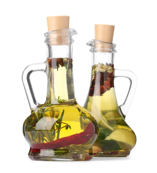 Glass Jugs Cooking Oils Spices Herbs White Background — Stock Photo, Image