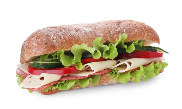 Délicieux Sandwich Aux Légumes Frais Fromage Salami Isolé Sur Blanc — Photo