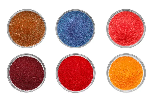 Set Van Verschillende Poedervormige Kleurstoffen Kommen Geïsoleerd Wit Bovenaanzicht — Stockfoto