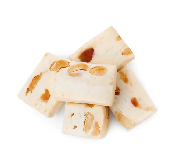 Many Pieces Delicious Nougat White Background Top View — Stock Photo, Image