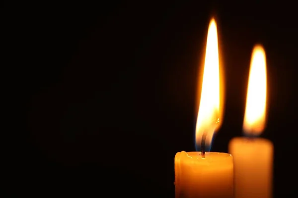 Burning Candles Black Background Closeup Space Text — Stock Photo, Image