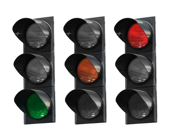 Collage Van Verkeerslichten Met Verschillende Gloeiende Lichten Rood Oranje Groen — Stockfoto