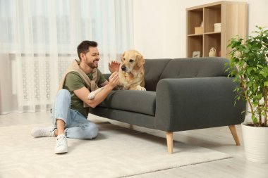 Evinde şirin Labrador köpeği olan mutlu bir adam.