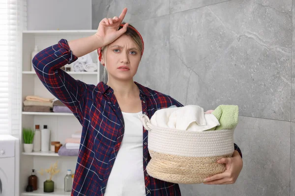 Tired Woman Basket Full Laundry Bathroom — Stock Photo, Image