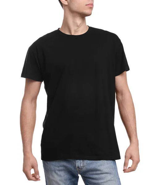 Jonge Man Met Zwart Shirt Witte Achtergrond Close — Stockfoto