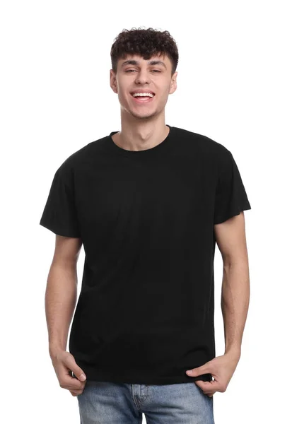 Hombre Joven Con Camiseta Negra Sobre Fondo Blanco —  Fotos de Stock