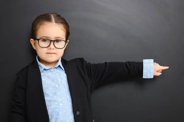 Little School Child Uniform Pointing Something Chalkboard — Stock Photo, Image