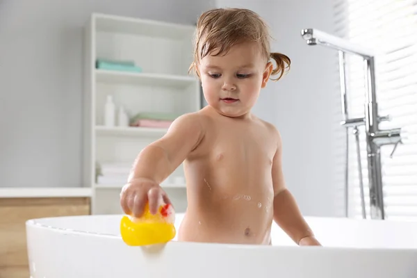 Süßes Kleines Mädchen Spielt Mit Gummiente Badewanne Hause — Stockfoto