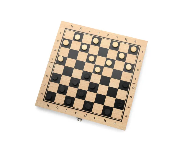 Schachbrett Aus Holz Mit Spielsteinen Isoliert Auf Weiß Ansicht Von — Stockfoto