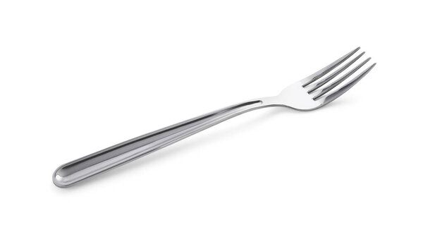 One shiny metal fork isolated on white