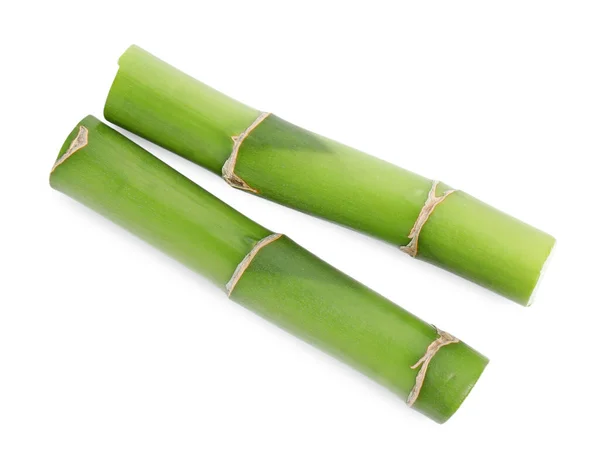Pieces Beautiful Green Bamboo Stems White Background Top View — Stock Photo, Image