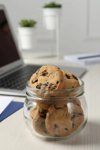 Jar Chocolate Chip Cookies White Wooden Table Office — Stock Photo, Image
