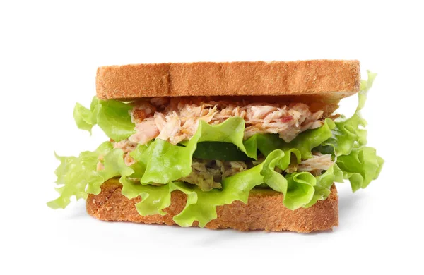 Delicious Sandwich Tuna Lettuce Leaves Cucumber White Background — Stock Photo, Image