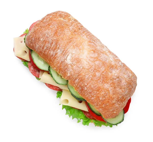Смачний Бутерброд Свіжими Овочами Сиром Салямі Ізольовані Білому Вигляд Зверху — стокове фото
