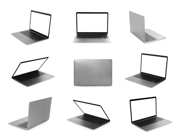 Kolaż Nowoczesnym Laptopem Izolowane Biało Różne Strony — Zdjęcie stockowe