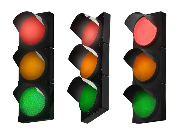 Colagem Sinal Trânsito Com Luzes Brilhantes Vermelho Laranja Verde Isoladas — Fotografia de Stock
