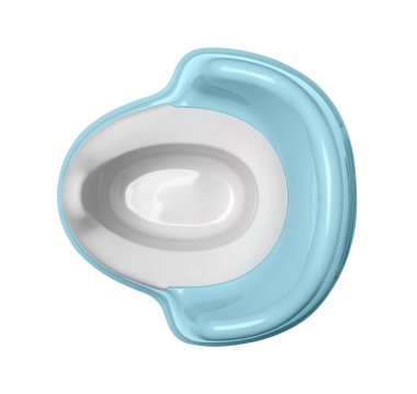 Açık mavi bebek lazımlığı beyaza izole edilmiş, üst manzara. Tuvalet eğitimi