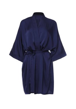 Koyu mavi ipek bornoz beyaza izole edilmiş.