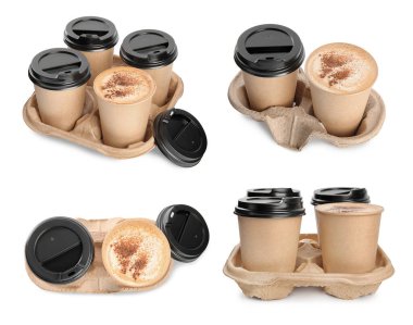 Farklı taraflarda, beyaz izole edilmiş karton tutacaklı kahve bardakları. Kolaj tasarımı