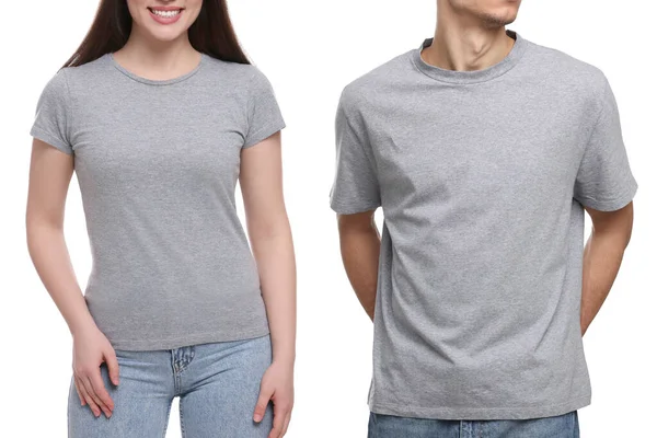 Gente Con Camisetas Grises Sobre Fondo Blanco Primer Plano Burla — Foto de Stock
