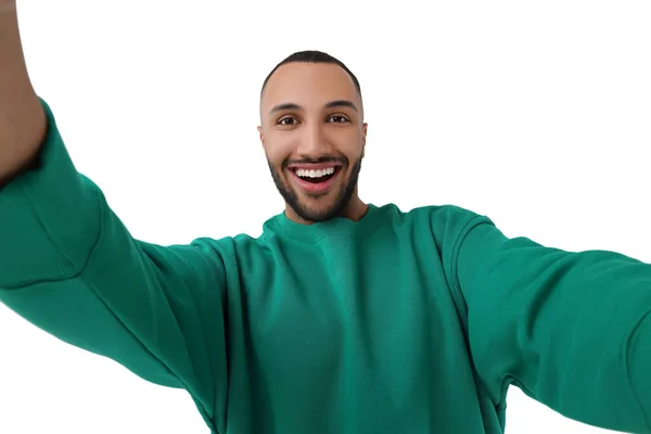Smiling Young Man Taking Selfie White Background — Stock Photo, Image