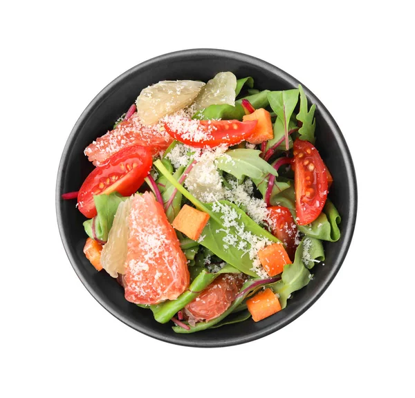 Délicieuse Salade Avec Pomelo Crevettes Tomates Dans Bol Sur Fond — Photo