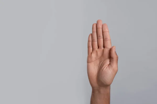 Man Giving High Five Grey Background Closeup Hand Space Text — Fotografia de Stock